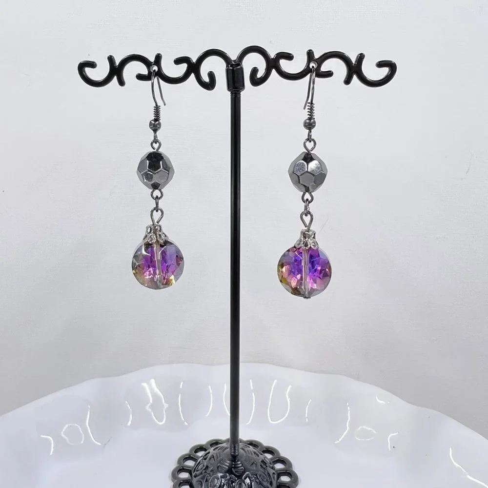 New / Handcrafted - Iridescent Faceted Crystal Drop Black Tone Fishhook Earrings - Picture 3 of 7